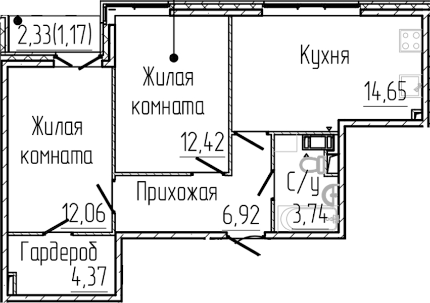 2-комнатная квартира 55.33 м², 3/8 эт., ЖК «SERTOLOVO PARK»